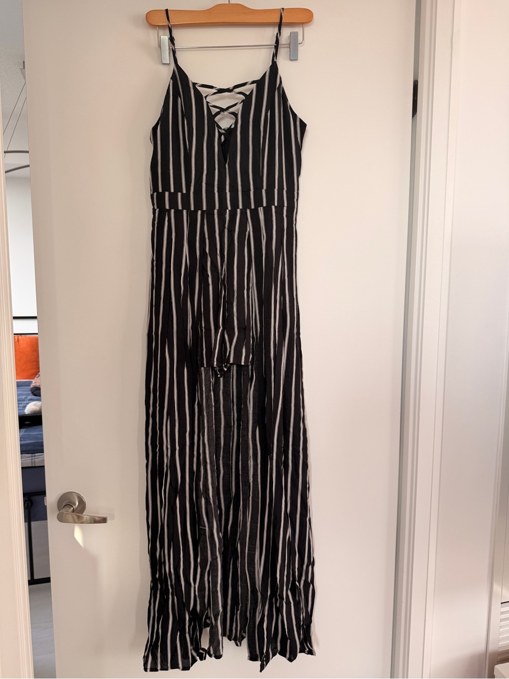 Striped Dark Blue & White Spaghetti-Strap Jumpsuit